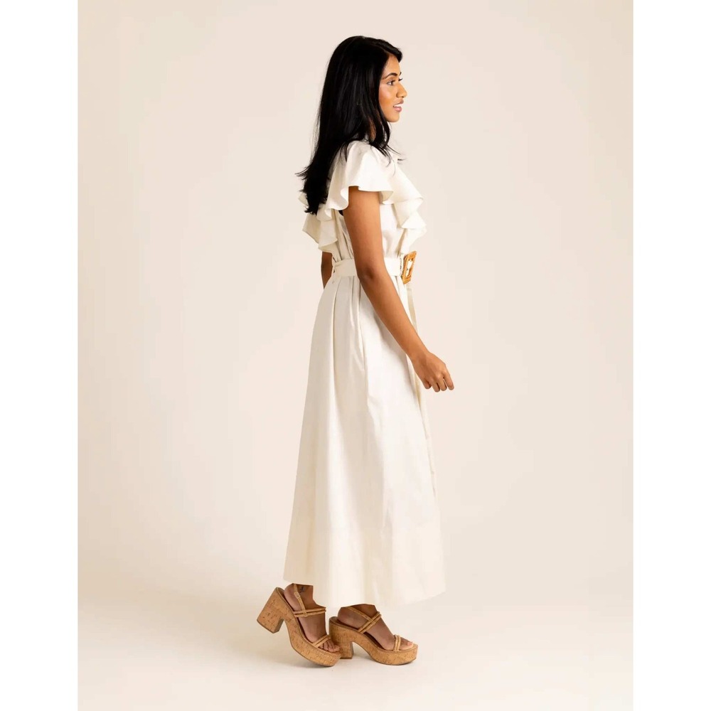Alden Adair Button Front Dress Women Sz S Cream Ruffle Flutter Sleeve Belted - Picture 3 of 13